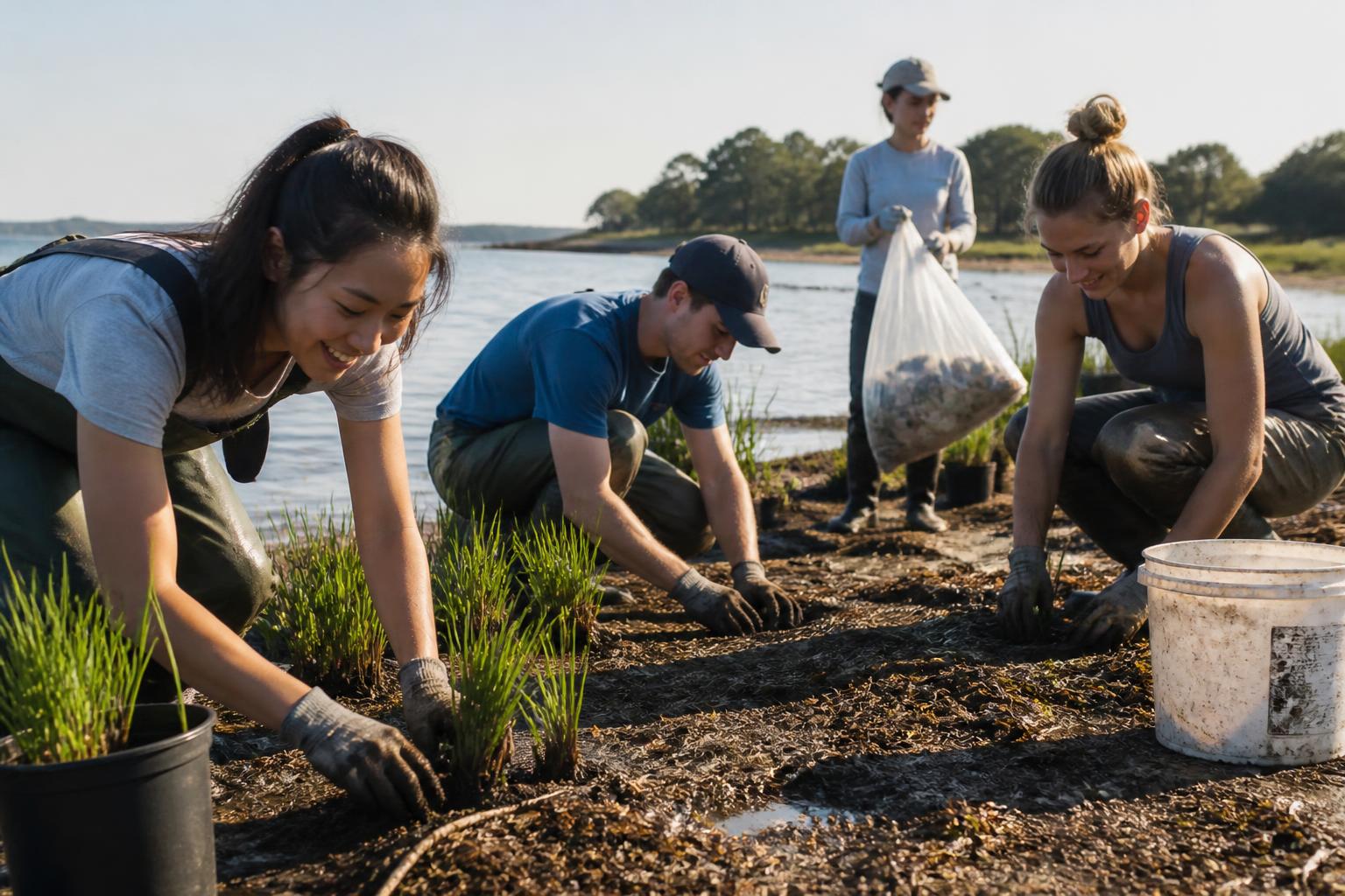 Volunteers planting marsh grass along a bay shoreline